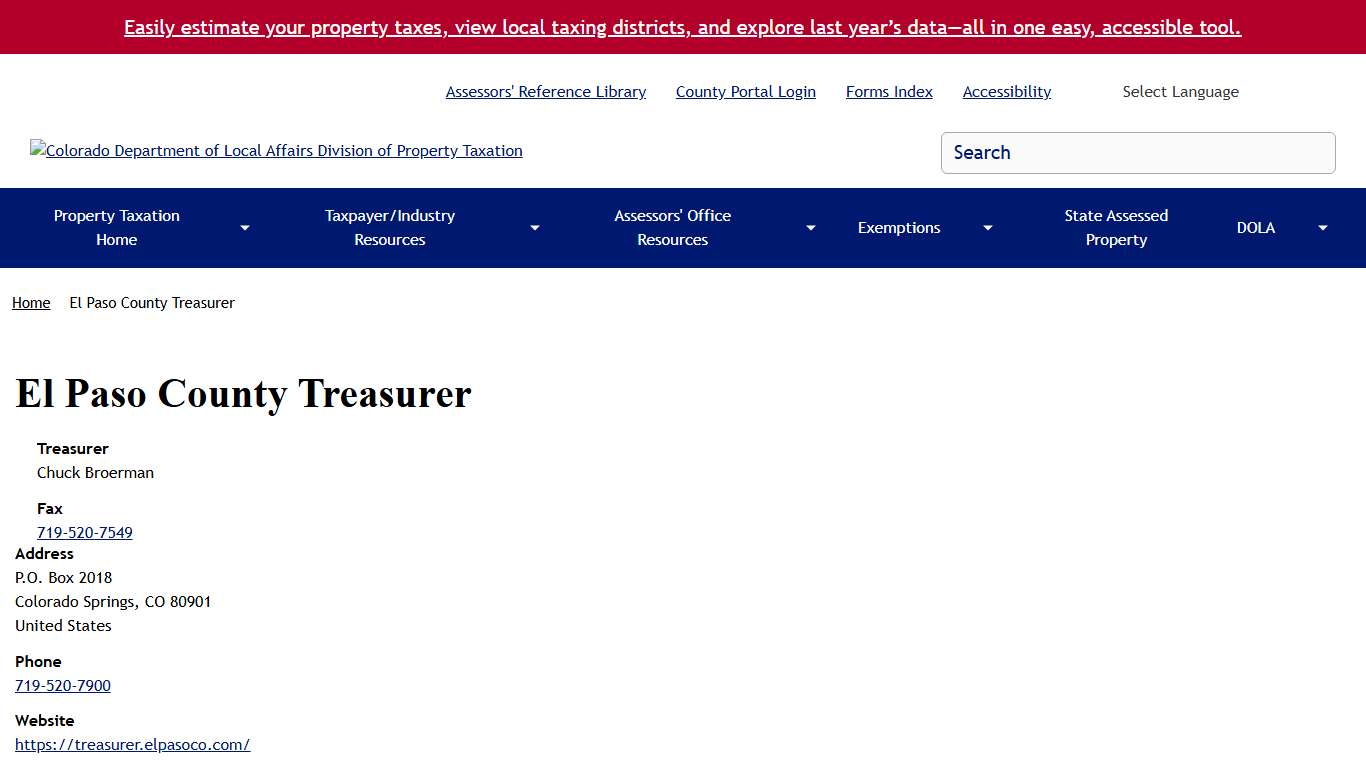 El Paso County Treasurer Colorado Department of Local Affairs Division of Property Taxation